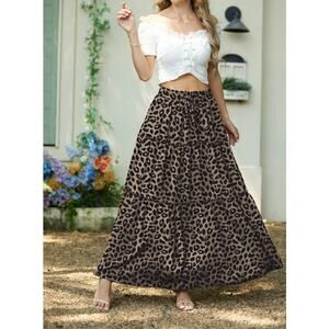 NWT Cueply Tan Black Animal Print Drawstring Waist Tiered Maxi Skirt Womens XL